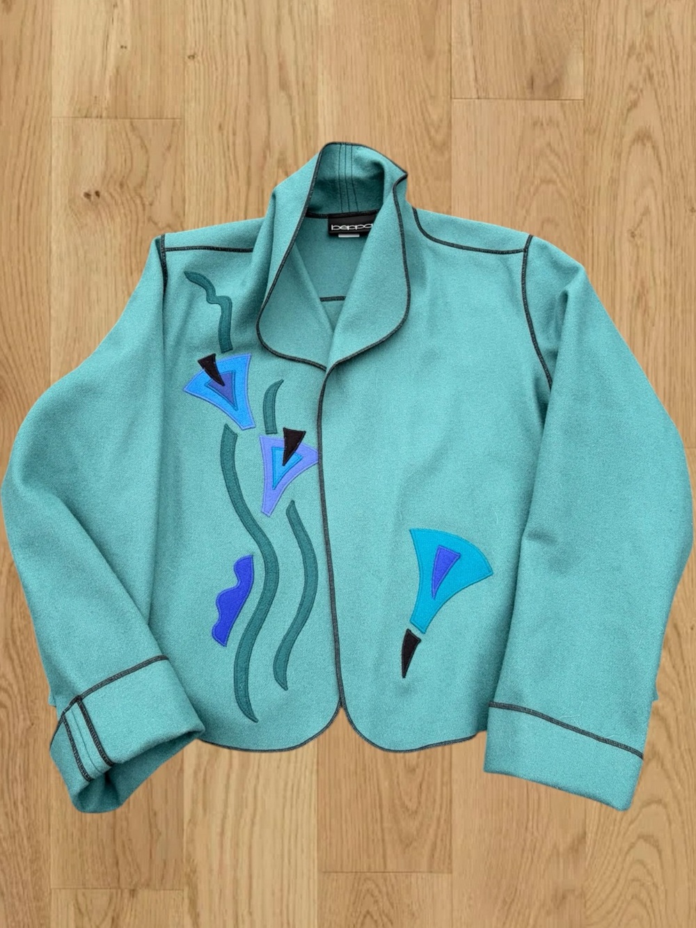 VINTAGE Beppa 100% Wool Jacket Womens XS Teal Abstract Appliqué Made in USA